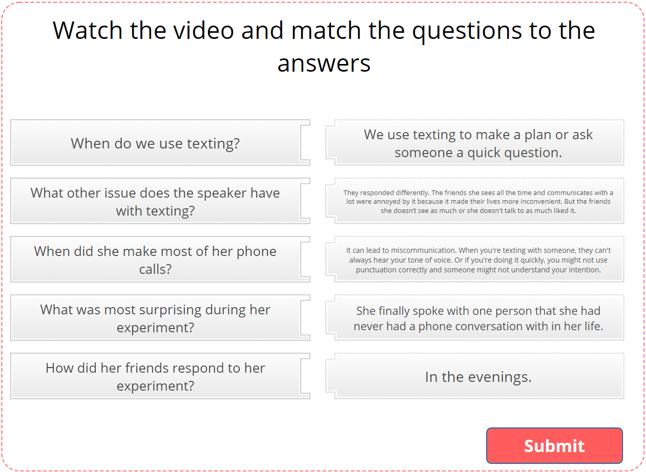 Video Review, Match the questions with the answers, Drag and drop Interactive